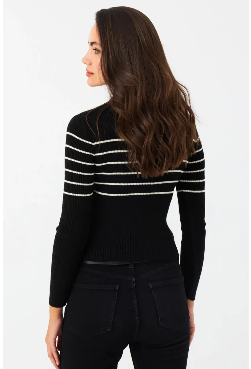 Kadın Siyah Polo Yaka Çizgili Triko Bluz MK65