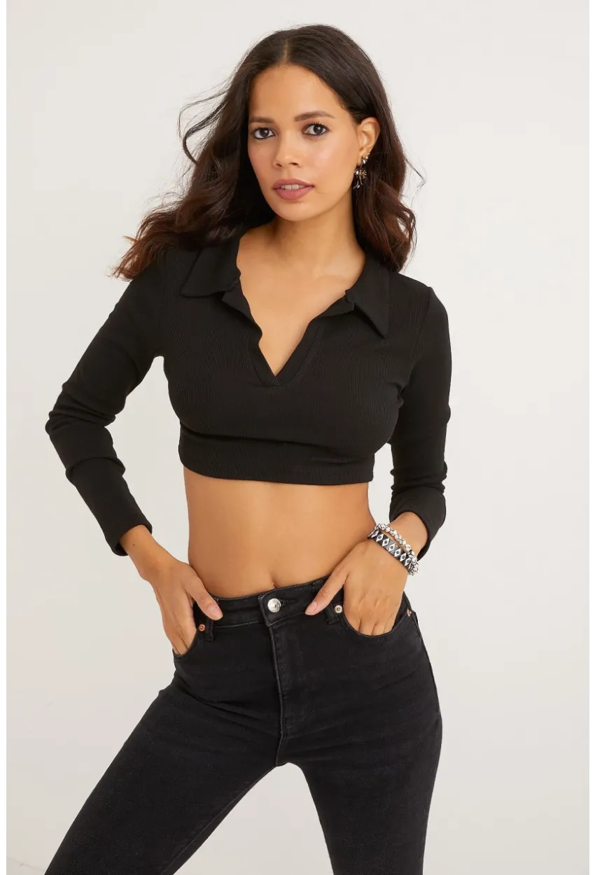 Kadın Siyah Polo Yaka Kaşkorse Crop Bluz Yİ2347