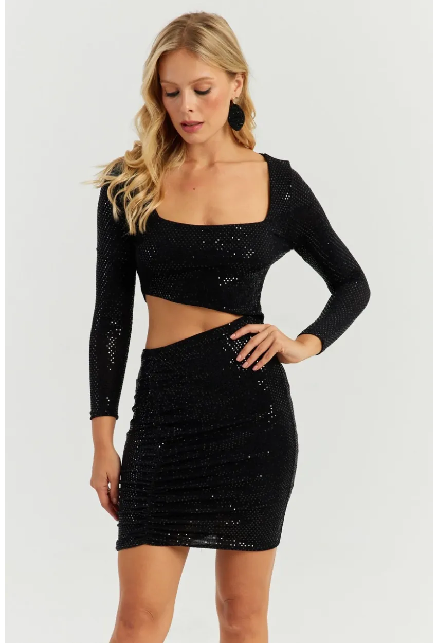 Kadın Siyah Pullu Mini Elbise KED146