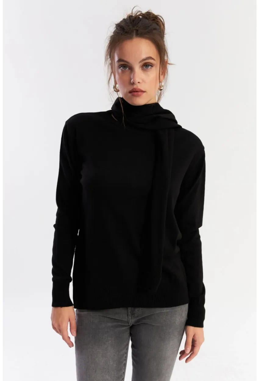 Kadın Siyah Şal Aksesuarlı Triko Bluz YV286