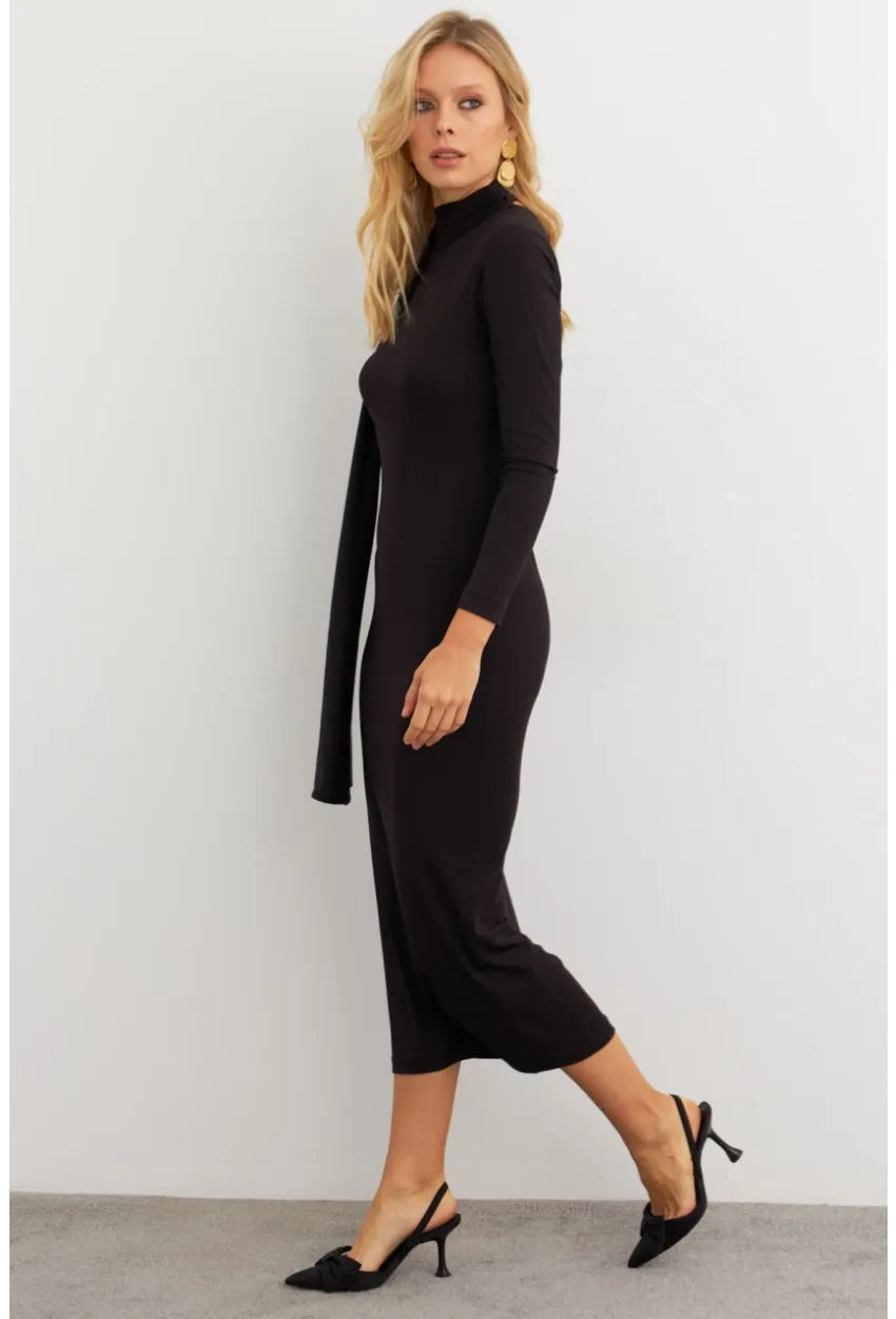 Kadın Siyah Şal Detaylı Midi Elbise MEY3010