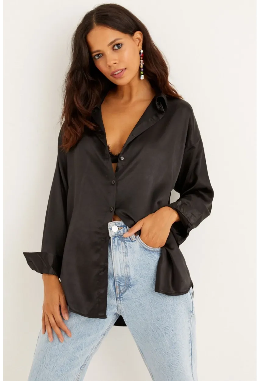 Kadın Siyah Saten Gömlek SF1285