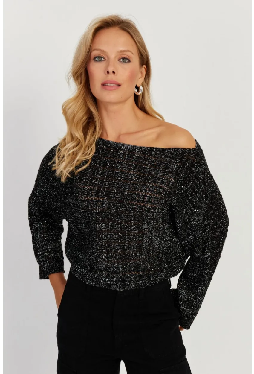 Kadın Siyah Simli Ajurlu Triko Bluz YZ403