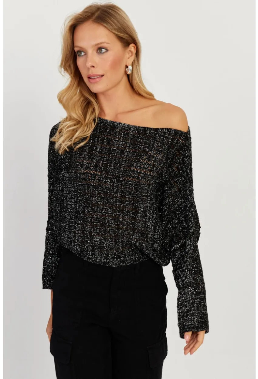 Kadın Siyah Simli Ajurlu Triko Bluz YZ403