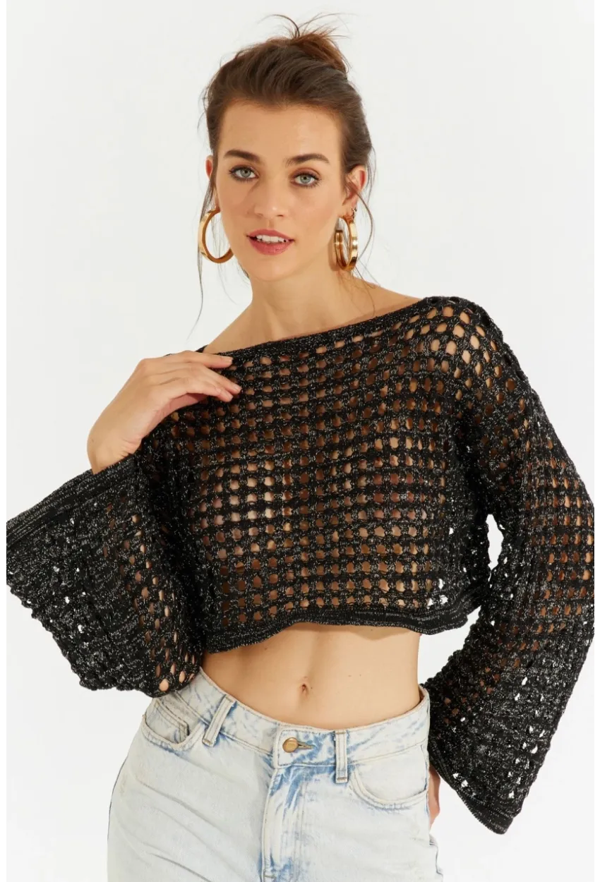 Kadın Siyah Simli Ajurlu Triko Kısa Bluz YV141