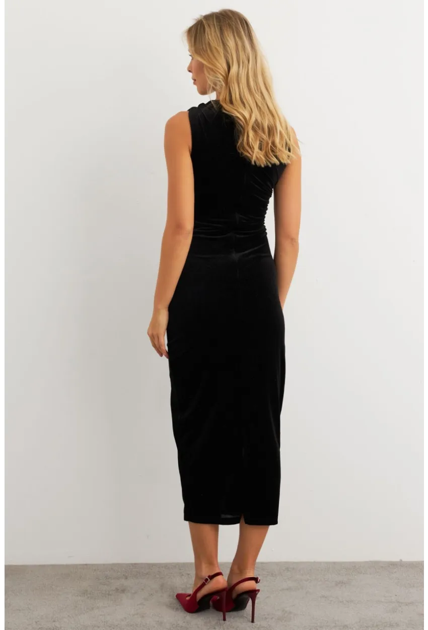 Kadın Siyah Simli Drapeli Maxi Elbise KED4481