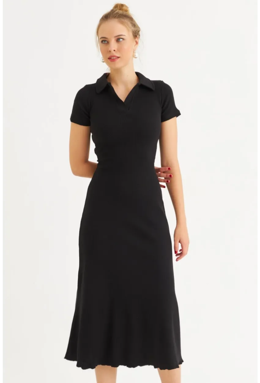 Kadın Siyah Sırt Bağlamalı Kaşkorse Midi Elbise MFRY0001