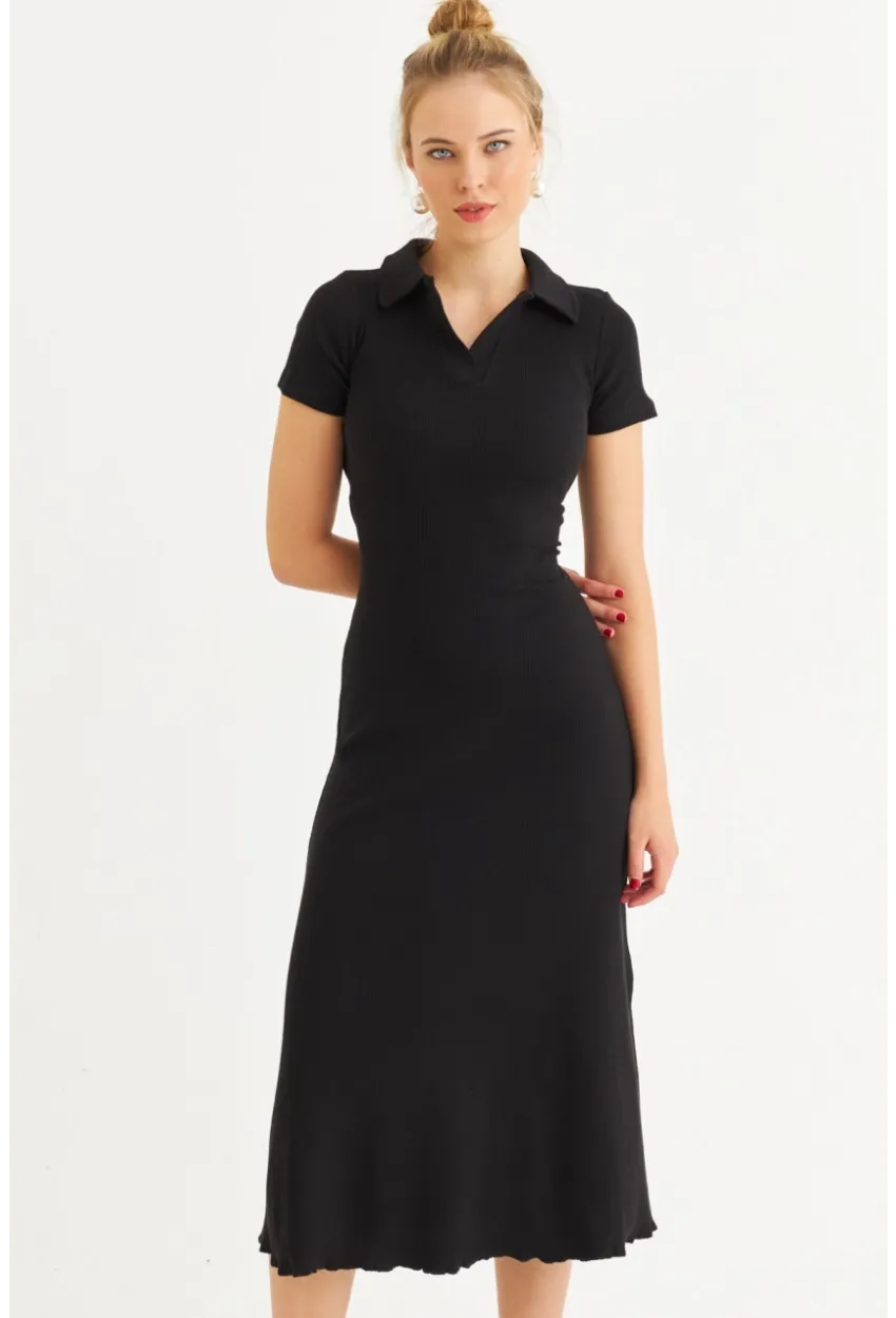 Kadın Siyah Sırt Bağlamalı Kaşkorse Midi Elbise MFRY0001