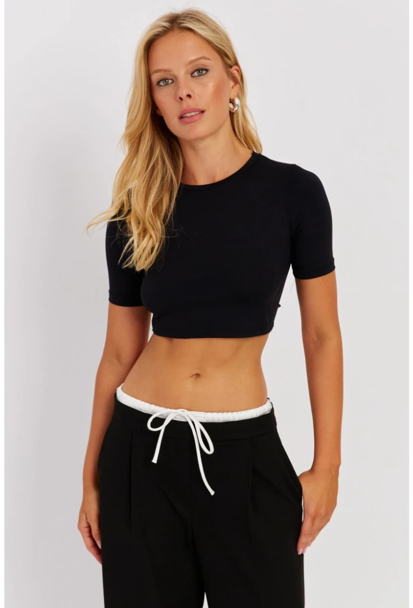 Kadın Siyah Sırt Dekolteli Crop Bluz CY450