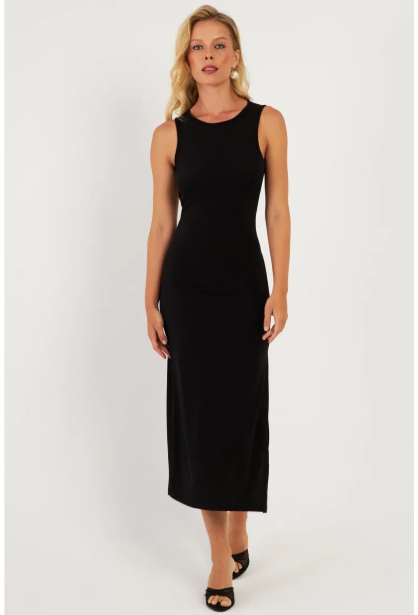 Kadın Siyah Sırt Dekolteli Midi Elbise DMR692