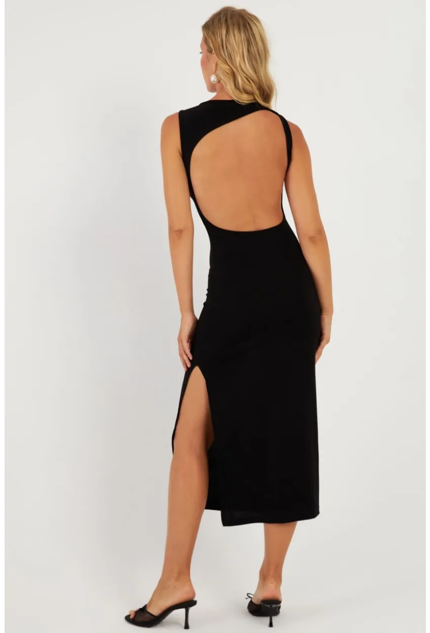 Kadın Siyah Sırt Dekolteli Midi Elbise DMR692