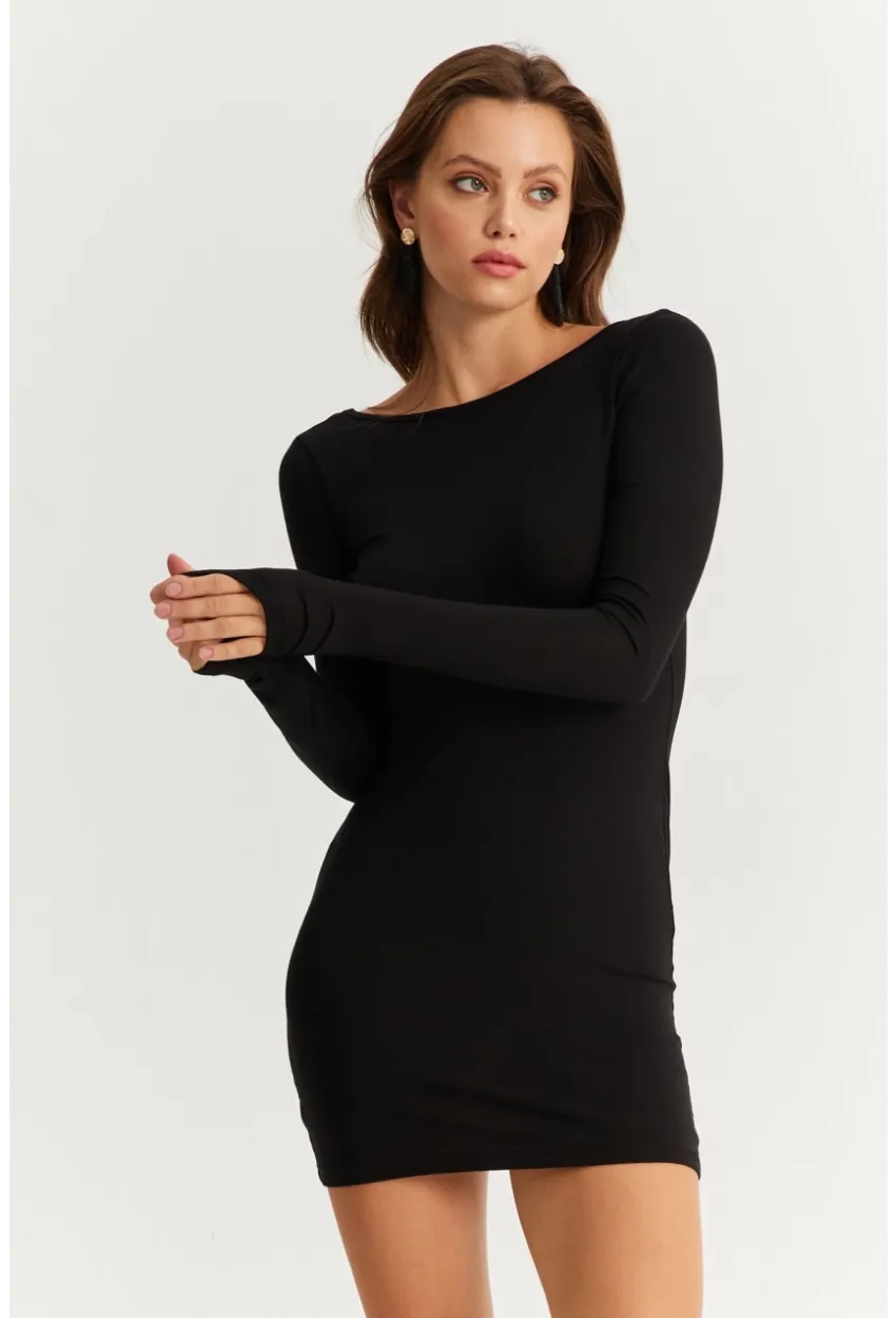 Kadın Siyah Sırt Dekolteli Mini Elbise HOR36