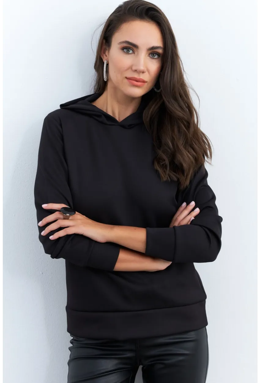 Kadın Siyah Sırt Dekolteli Taşlı Sweatshirt BTH15