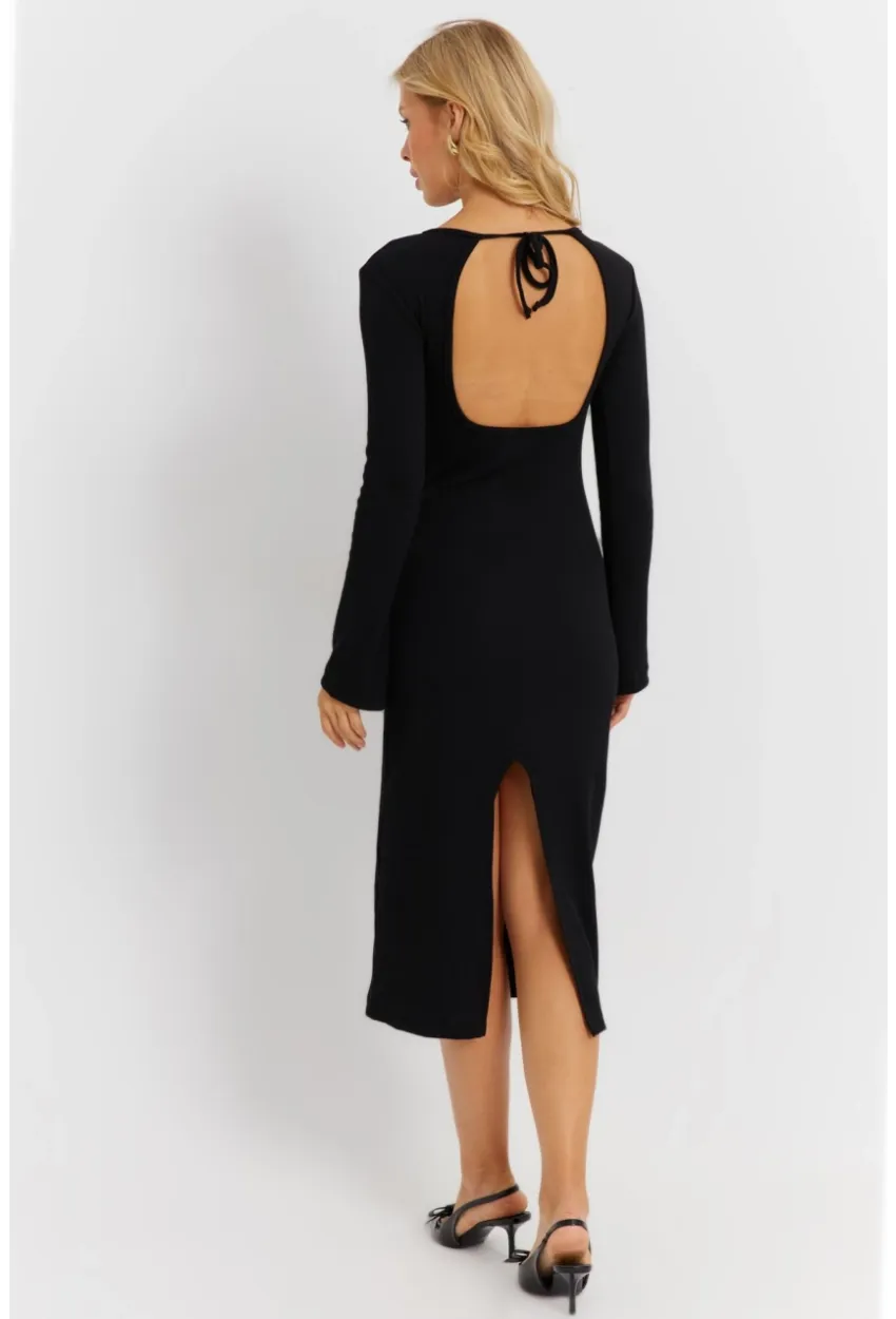 Kadın Siyah Sırt Pencereli Yırtmaçlı Kaşkorse Midi Elbise EY2874