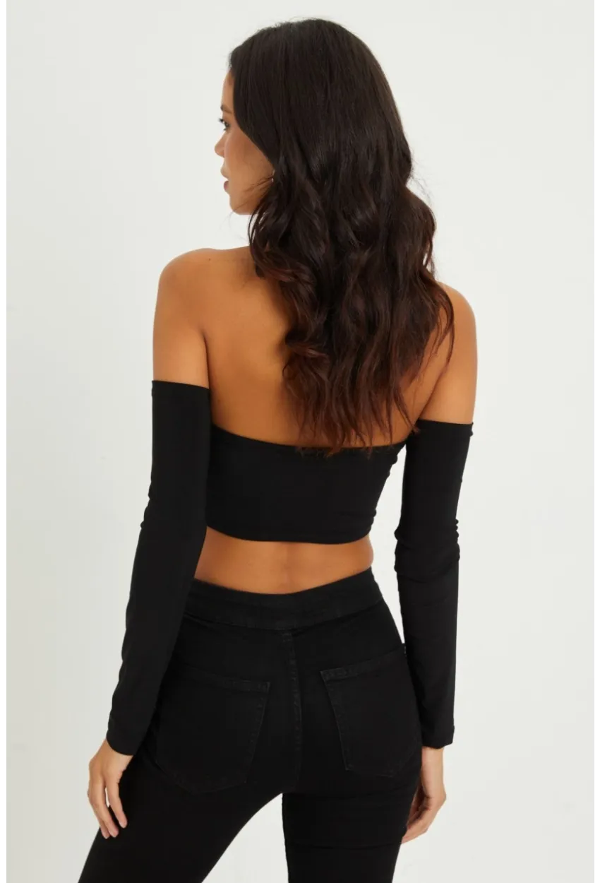 Kadın Siyah Sırtı Açık Crop Bluz B1729