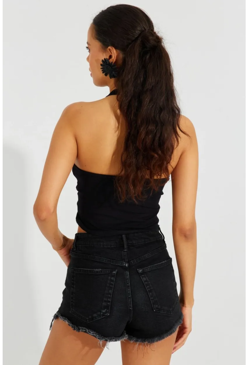 Kadın Siyah Sırtı Açık Crop Bluz B2697