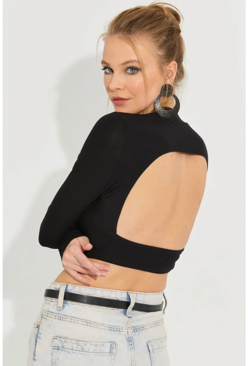 Kadın Siyah Sırtı Açık Crop Bluz B3072