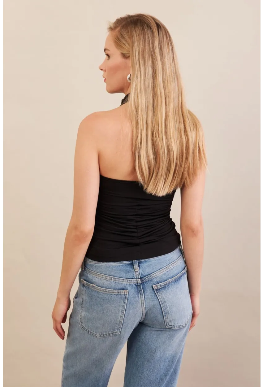 Kadın Siyah Sırtı Açık Drapeli Bluz FRY2314