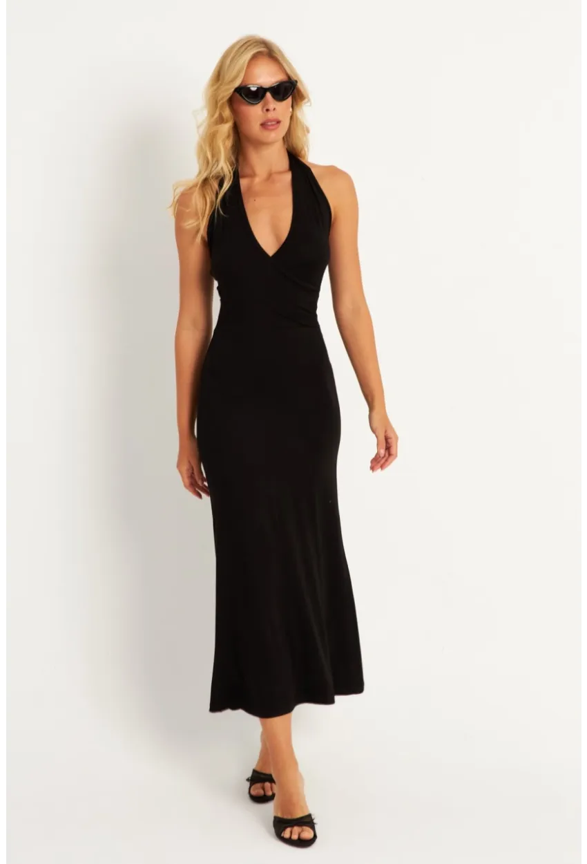 Kadın Siyah Sırtı Açık Kruvaze Midi Elbise EY2841