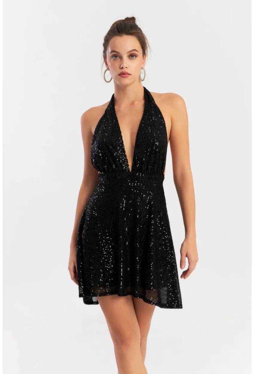 Kadın Siyah Sırtı Açık Payetli Astarlı Mini Elbise Dcf046