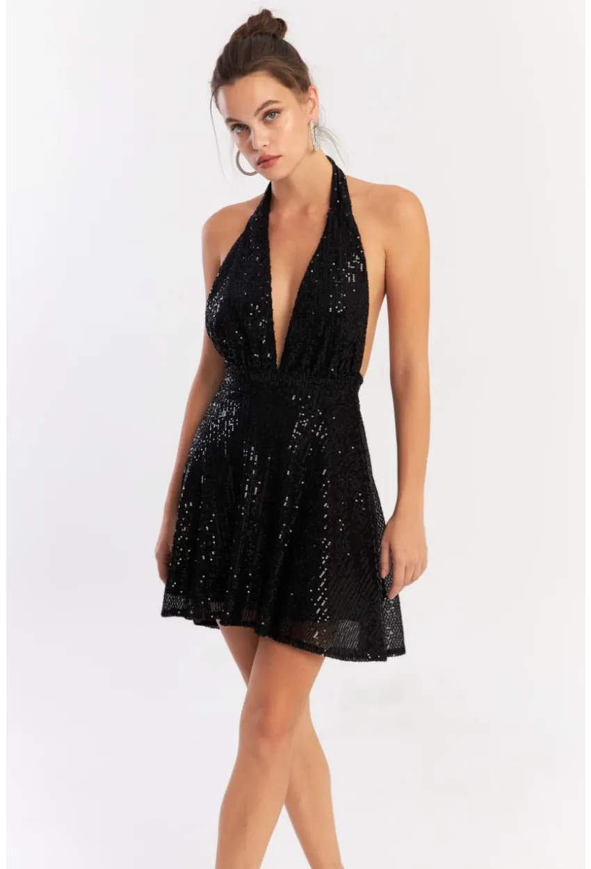 Kadın Siyah Sırtı Açık Payetli Astarlı Mini Elbise Dcf046