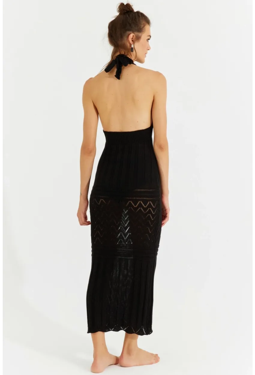 Kadın Siyah Sırtı Açık Triko Maxi Elbise SF2505