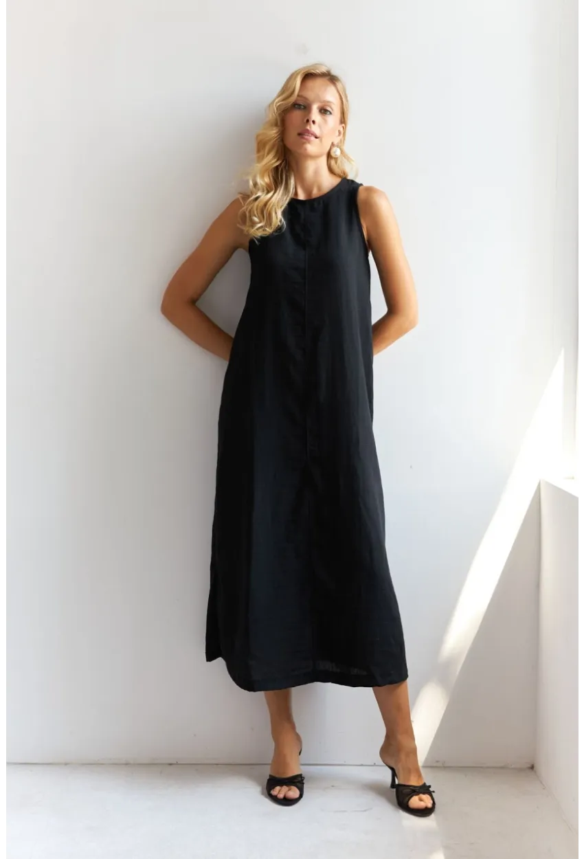 Kadın Siyah Sırtı Düğmeli Midi Keten Elbise DMR353