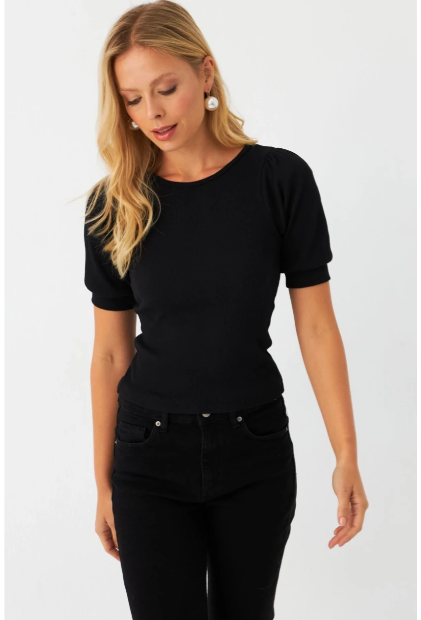 Kadın Siyah Sırtı Fiyonklu Kaşkorse Bluz EY2996