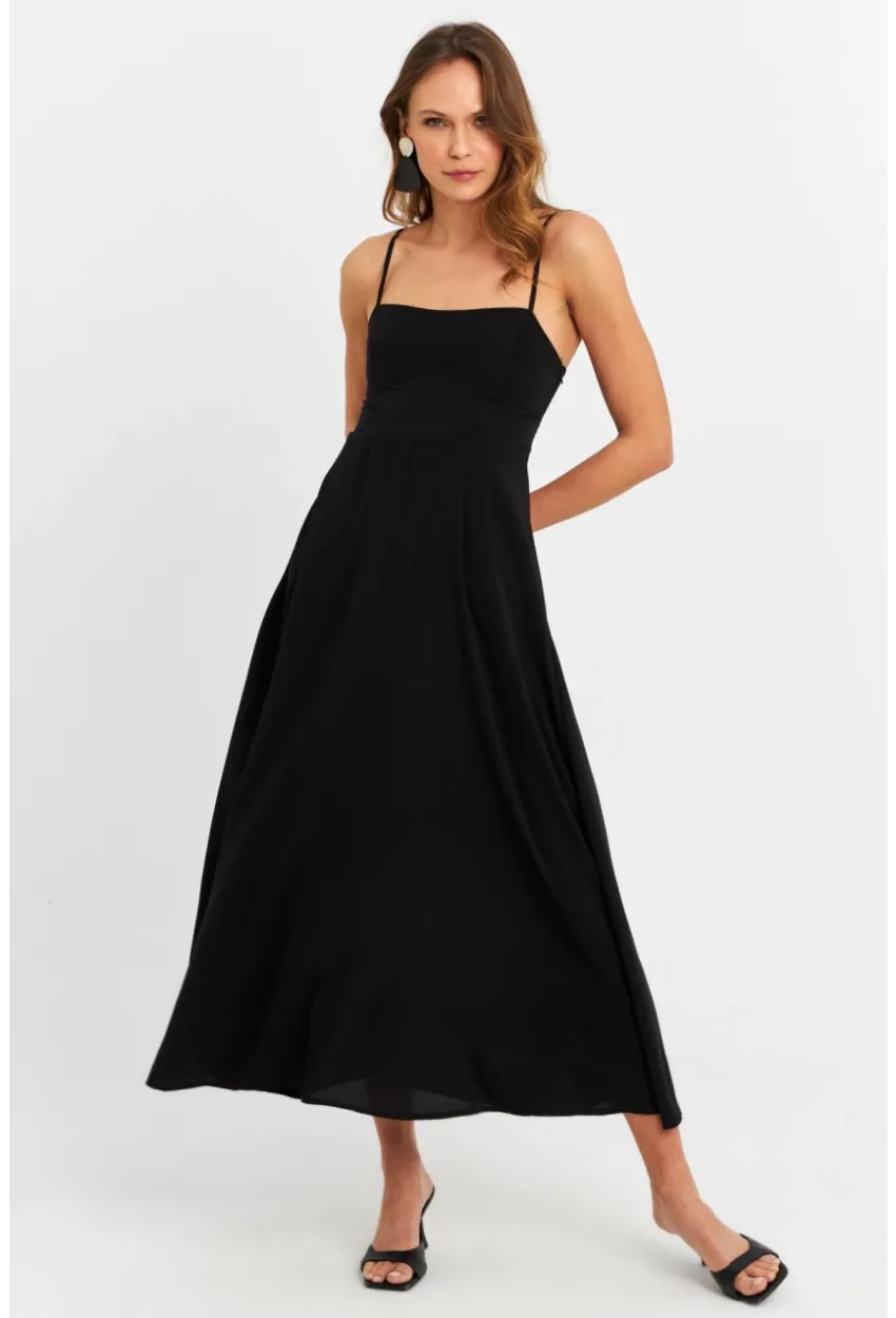 Kadın Siyah Sırtı Gipeli Astarlı Midi Elbise ERL10047