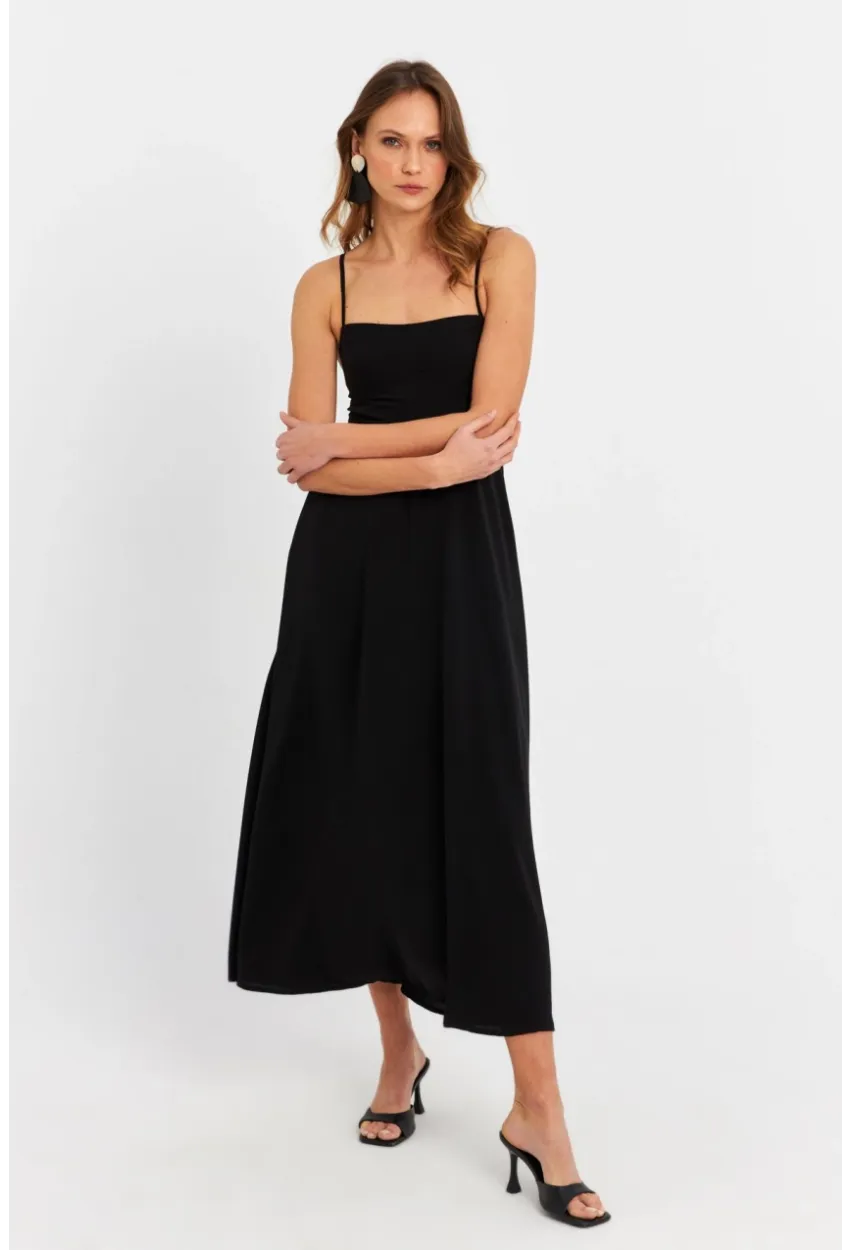 Kadın Siyah Sırtı Gipeli Astarlı Midi Elbise ERL10047