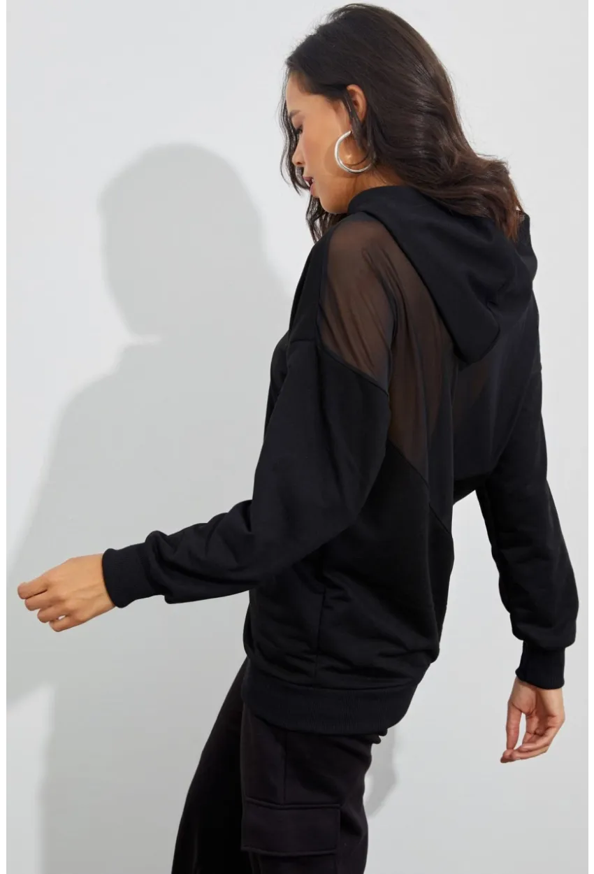 Kadın Siyah Sırtı Tül Kapüşonlu Sweatshirt EY1523