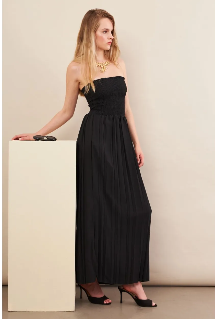 Kadın Siyah Straplez Yaka Midi Elbise MSİ100