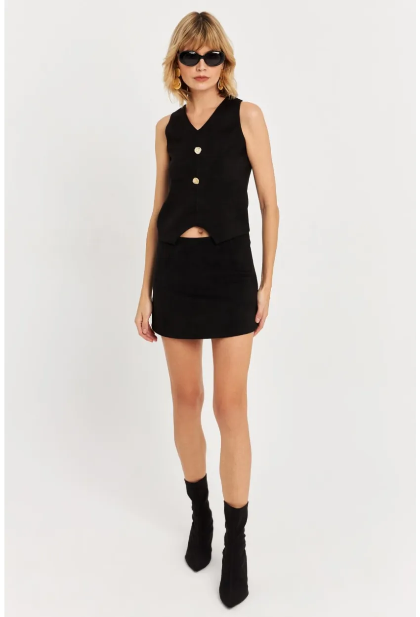 Kadın Siyah Süet Mini Etek KED7095