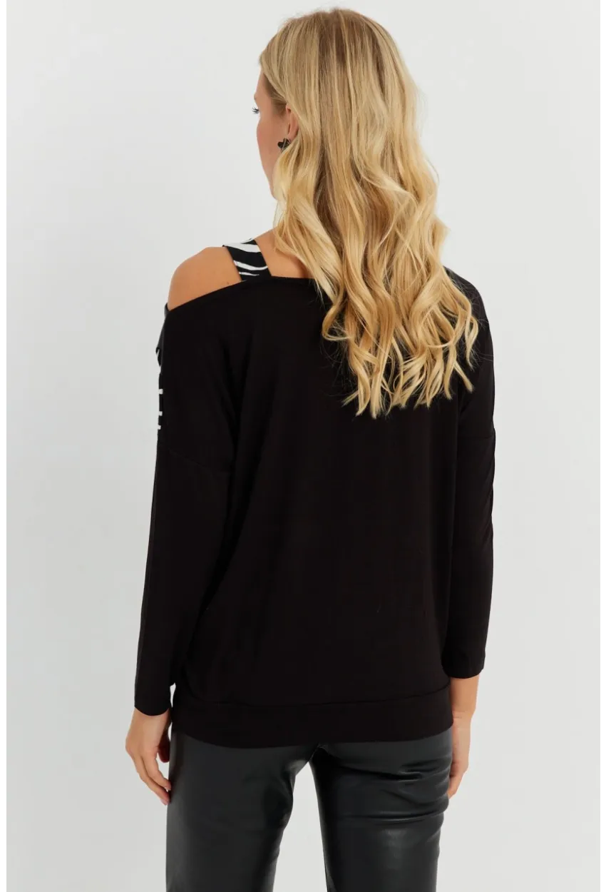 Kadın Siyah Suni Deri Bloklu Bluz ST828