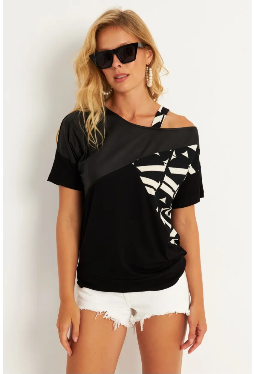 Kadın Siyah Suni Deri Bloklu Bluz ST837