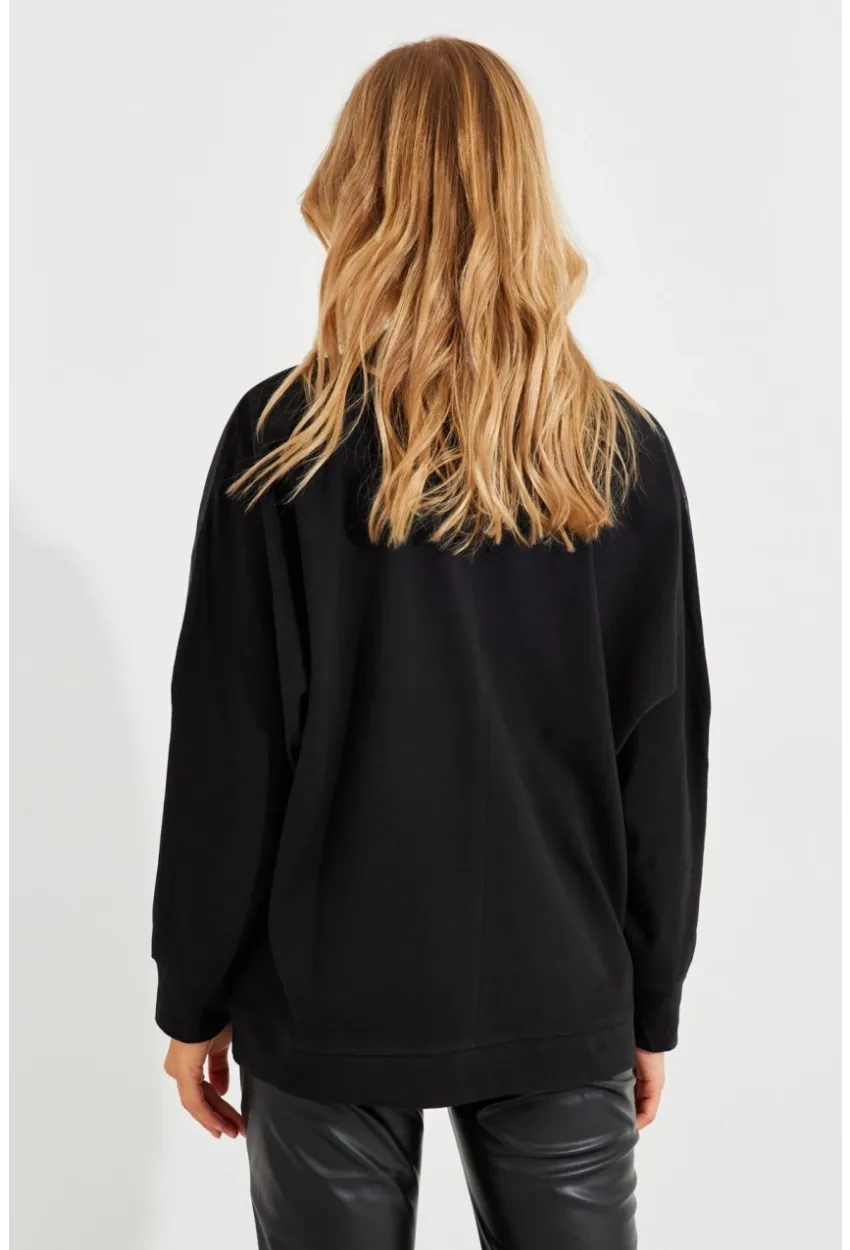 Kadın Siyah Suni Deri Bloklu Sweatshirt PKA806