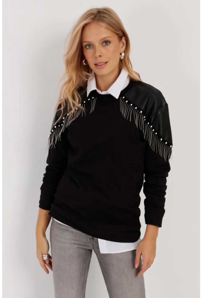 Kadın Siyah Suni Deri Bloklu Sweatshirt PKA807