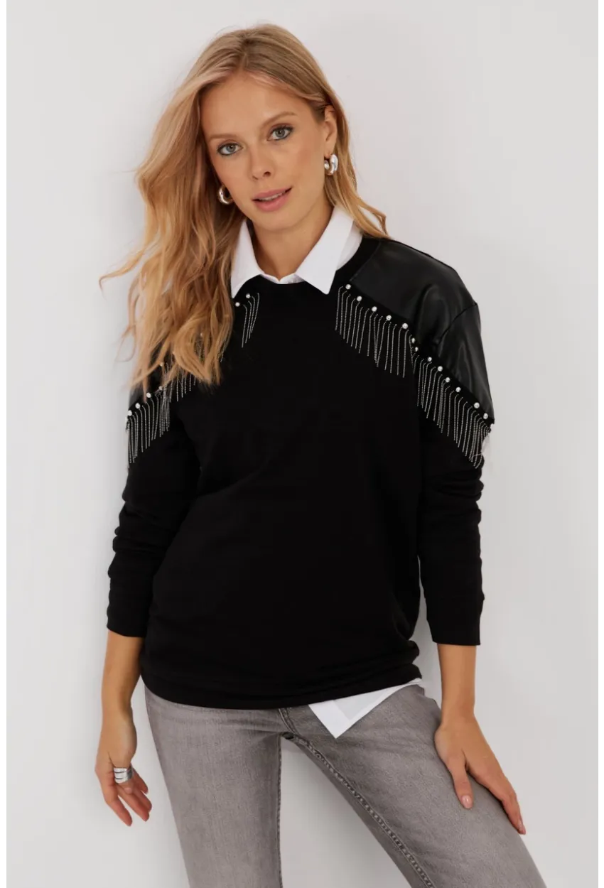 Kadın Siyah Suni Deri Bloklu Sweatshirt PKA807