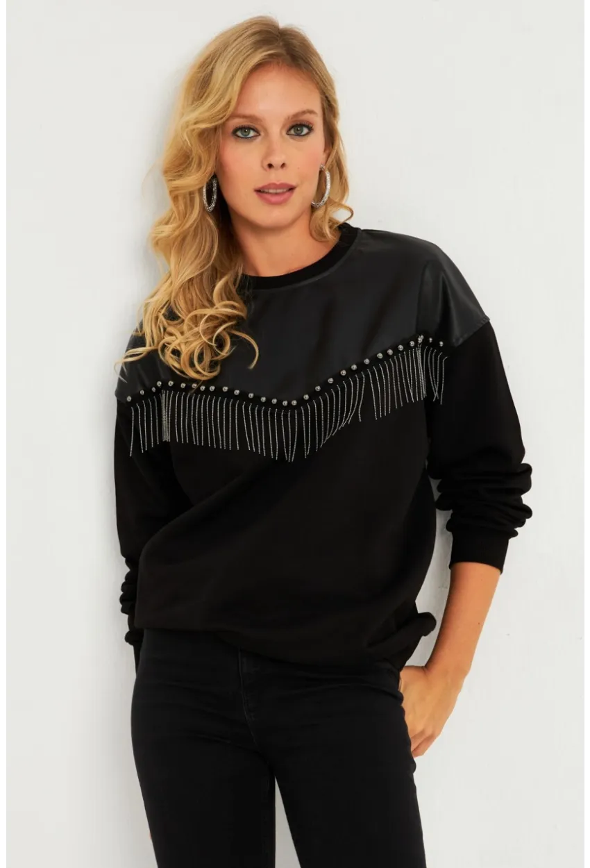 Kadın Siyah Suni Deri Bloklu Sweatshirt PKA808