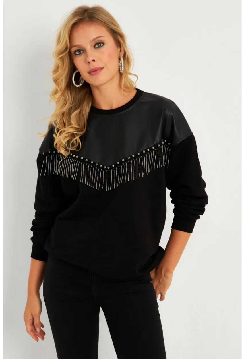 Kadın Siyah Suni Deri Bloklu Sweatshirt PKA808