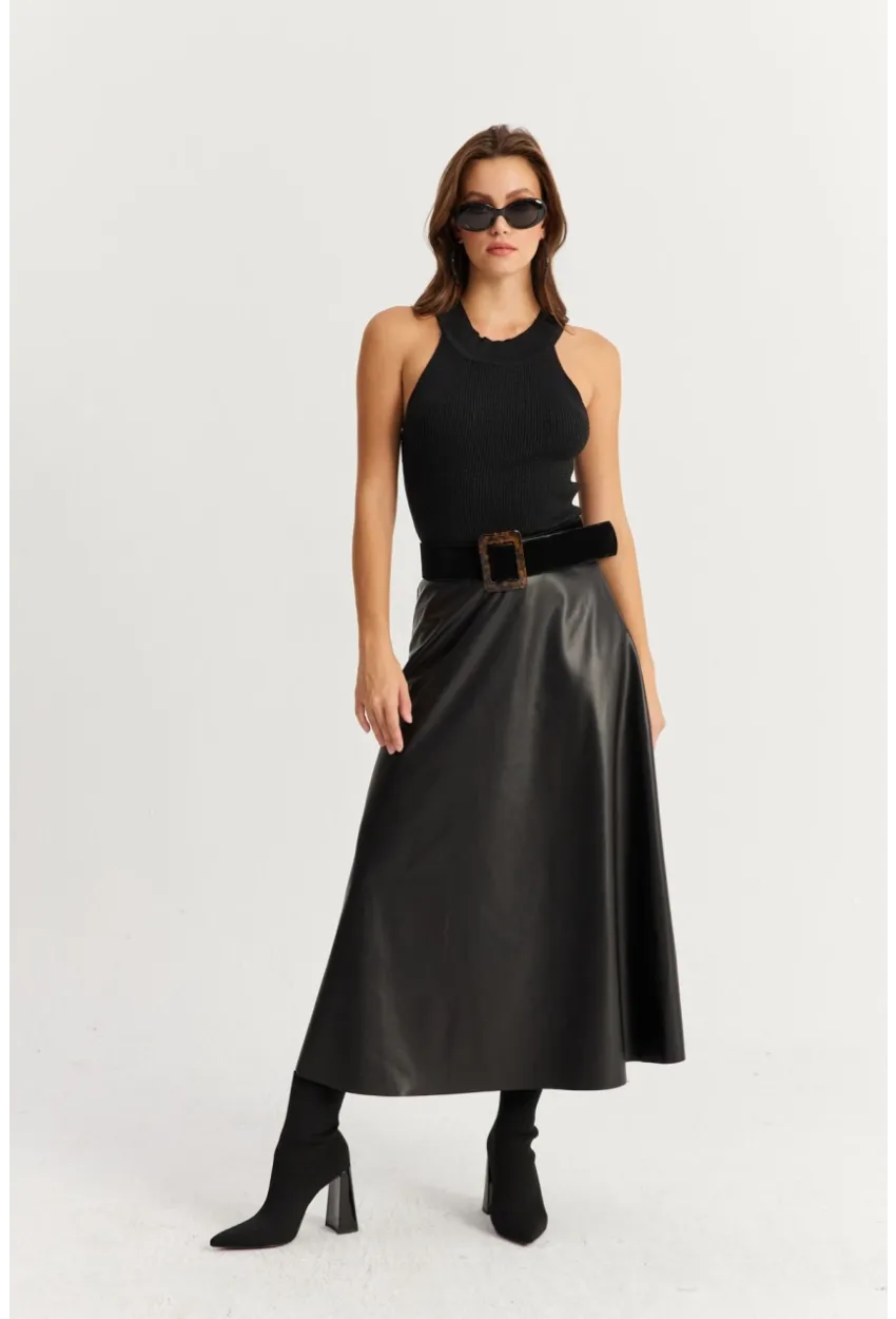 Kadın Siyah Suni Deri Çan Etek ELA113