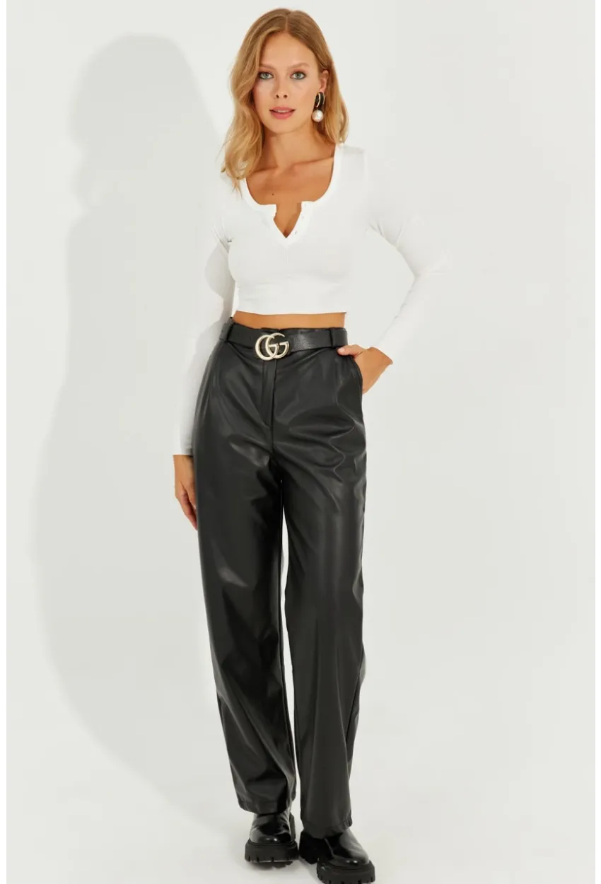 Kadın Siyah Suni Deri Cepli Pantolon RMZ21098