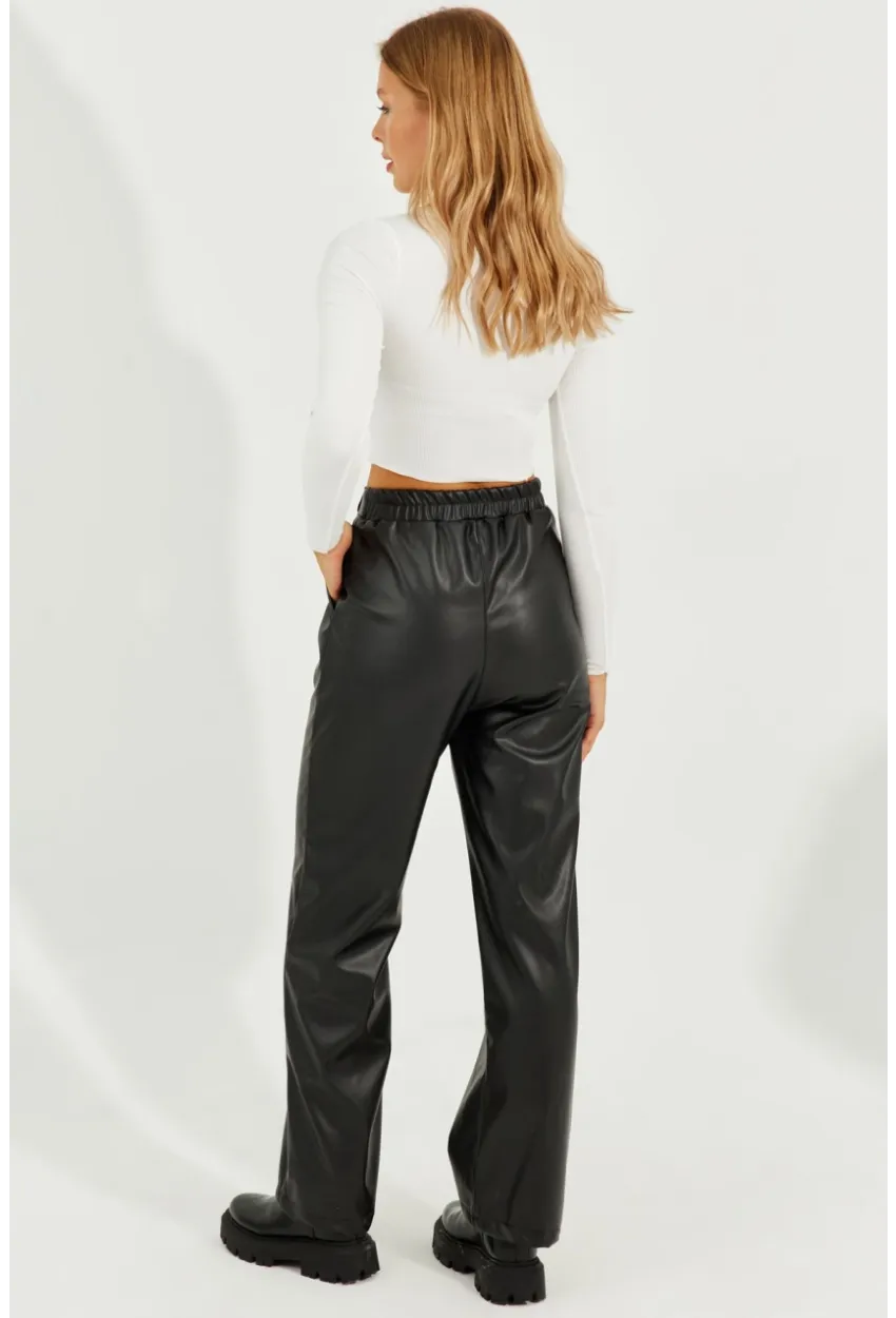 Kadın Siyah Suni Deri Cepli Pantolon RMZ21098