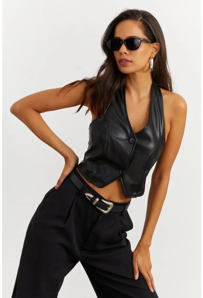 Kadın Siyah Suni Deri Crop Yelek NH41