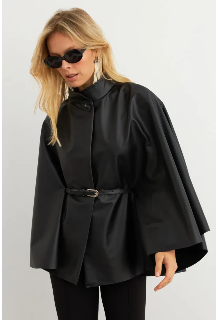 Kadın Siyah Suni Deri Kemerli Panço ELA3084-90