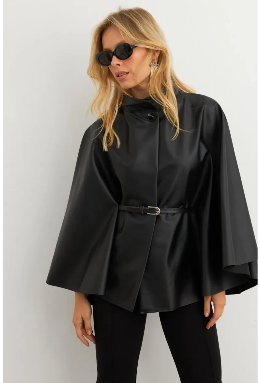 Kadın Siyah Suni Deri Kemerli Panço ELA3084-90