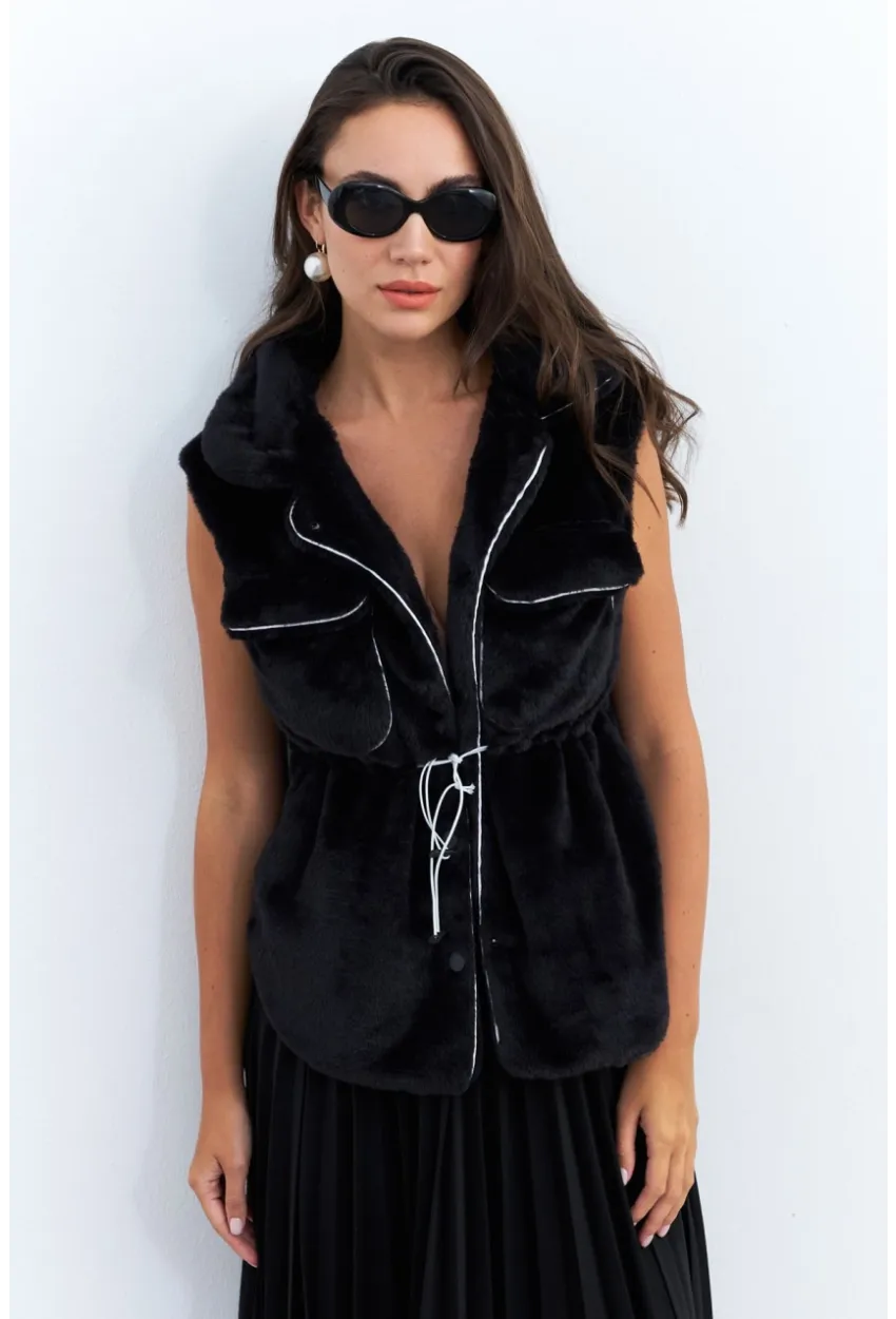 Kadın Siyah Suni Kürk Cepli Yelek MK66