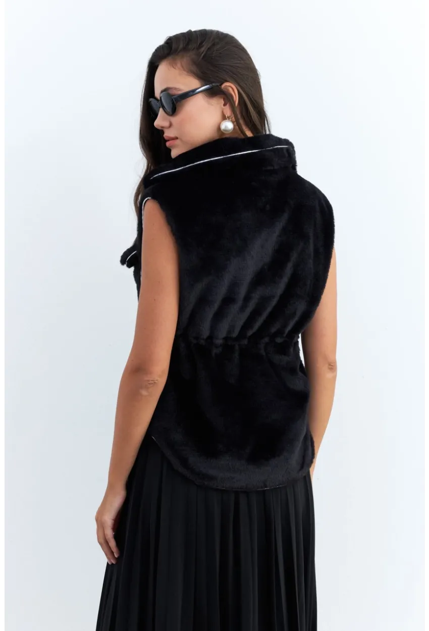 Kadın Siyah Suni Kürk Cepli Yelek MK66