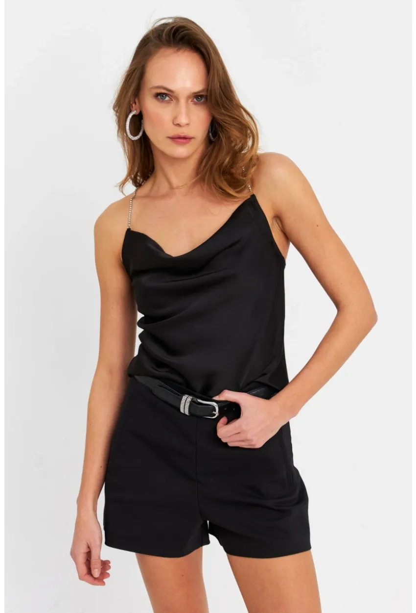 Kadın Siyah Taş Askılı Bluz ELT1056