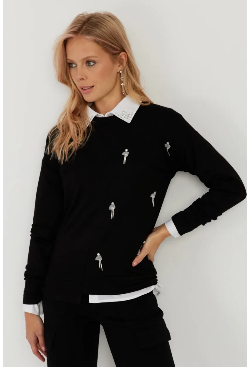 Kadın Siyah Taşlı Bluz ST6024